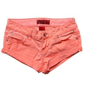 Micro Mini Grunge Neon Coral Orange Denim Mini Shorts Low Rise Cuffed Size 1
